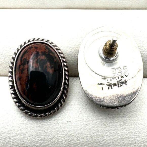 Vintage Taxco Mexico Mohagany Jasper Sterling silver Pierced Earrings 3/4 Inch - Picture 2 of 4